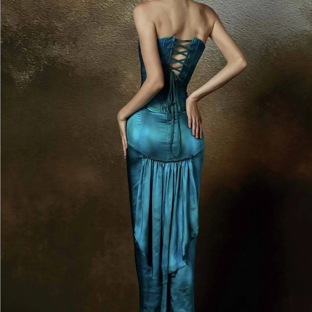 Teal satin corset and waterfall skirt set from Lacemade